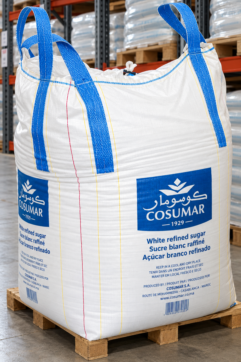 COSUMAR bigbag met witte geraffineerde suiker in magazijn