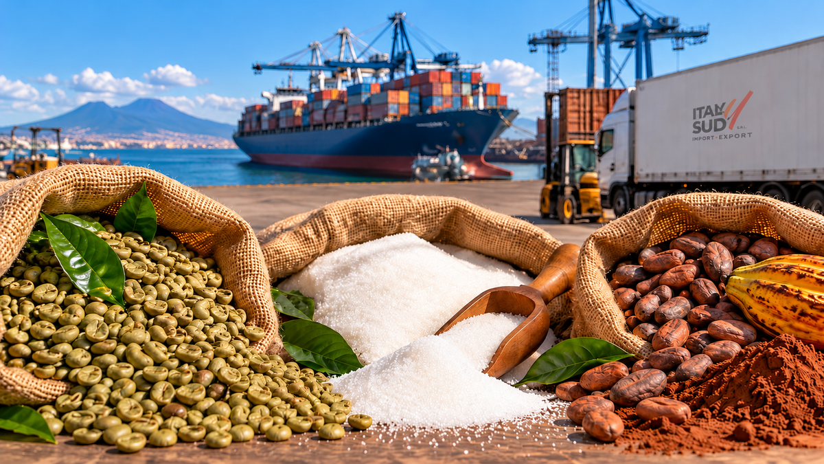 Italy Sud – commercio internazionale di caffè verde, zucchero e cacao nel porto mediterraneo